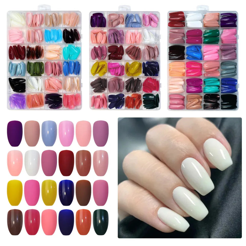 576 pcs nails with box reusable nails, 24 different colours with one glue and jelly sticker glue free, beautiful fake french nails